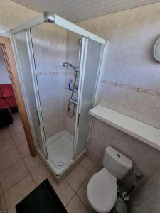 La salle de bains est pourvue d'une douche et de toilettes. dans l'établissement l'heure des vacances, à Froidchapelle