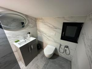 a bathroom with a sink and a toilet and a mirror at Vacation house in Borsa