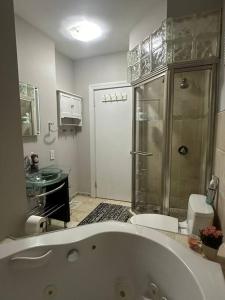 ein Bad mit einer Badewanne, einer Dusche und einem WC in der Unterkunft Spacious and Cozy- near T-station-Quiet Neighborhood! in Malden