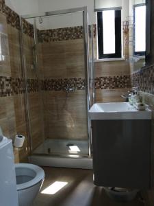 a bathroom with a shower and a sink and a toilet at Apartments FANTASY in Kotor