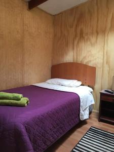 a bedroom with a purple bed with a wooden headboard at HOSTAL AIRE PATAGON in Coihaique