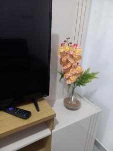 wazon kwiatów na stole obok telewizora w obiekcie Casa d'lamour w mieście Aracati