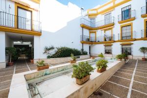 an empty courtyard of a building with potted plants at apartamento con parking plaza del museo in Seville