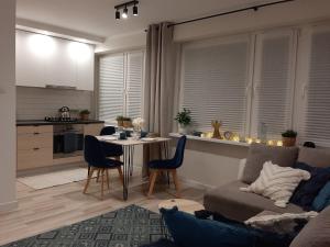 Apartament Wenecja في غروجونتس: غرفة معيشة مع أريكة وطاولة مع كراسي