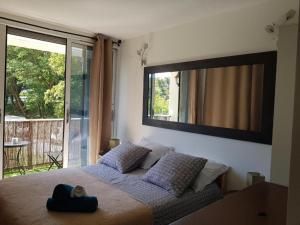 een slaapkamer met een bed met een grote spiegel aan de muur bij Chez Lisa & Olivier 40 min Disney 15 min Paris Orly Airport in Athis-Mons