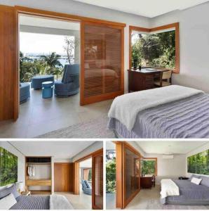 two pictures of a bedroom with a bed and a living room at Sparadise a natureza em harmonia com tecnologia in São Paulo