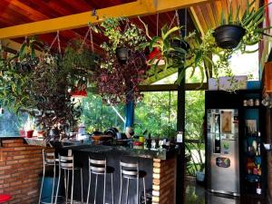 uma cozinha com um bar com plantas penduradas no tecto em Casa completa próxima a Ouro Preto! Amarantina em Ouro Preto