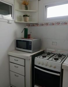 Il comprend une cuisine équipée d'une cuisinière et d'un four micro-ondes. dans l'établissement AppartMaipu496, à Balcarce