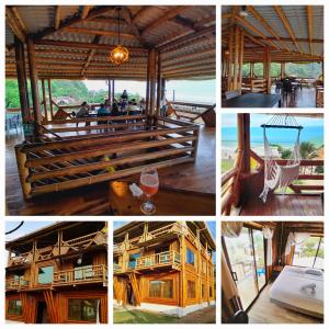 a collage of pictures of a resort with a table and a room at Hostal Fara in Jama