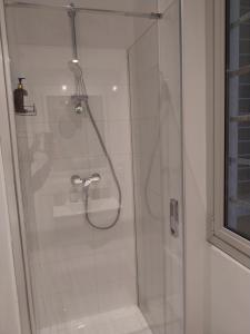 リヨンにあるAppartement Place des Terreaux Presqu'Ileの浴室のガラス扉付きシャワー