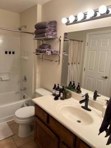 a bathroom with a sink and a toilet and a mirror at Mesquite Magic in Mesquite