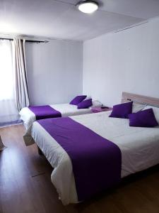 two beds in a bedroom with purple pillows at Hostal Arrayan in Valdivia