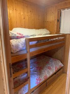 Petit chalet 40 m2 en Ubaye BARCELONNETTE في بارسلونات: كابينة فيها سريرين بطابقين