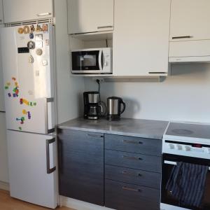 La cuisine est équipée d'un réfrigérateur blanc et d'un four micro-ondes. dans l'établissement Scandinavian taiteilijan 3h huoneisto, à Lahti