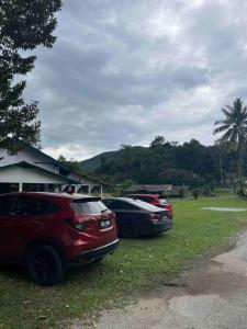 two cars parked in the grass next to a house at Kampung House (Minang) in Hulu Yam, Batang Kali in Batang Kali