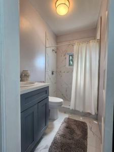 uma casa de banho com um WC, um lavatório e um chuveiro em Turquoise Escapes em Black Point