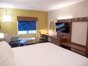 Habitación de hotel con cama, escritorio y TV. en Holiday Inn Express & Suites I-85 Greenville Airport, an IHG Hotel, en Greenville