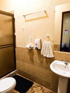 La salle de bains est pourvue de toilettes et d'un lavabo. dans l'établissement Hostal El Rio, à León