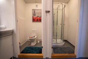 a bathroom with a shower and a toilet at Stavanger BnB 15 by Berti's ( Centrum, Sauna, Billiard, Airport Shuttle) in Stavanger +27 photos