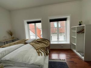 a white bedroom with a bed and two windows at Stavanger BnB 15 by Berti's ( Centrum, Sauna, Billiard, Airport Shuttle) in Stavanger