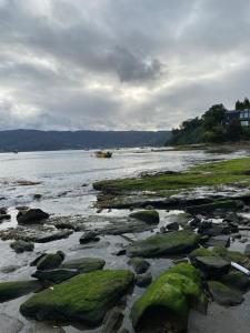 uma praia com pedras cobertas de musgo e um barco na água em Cabaña a metros de playa em Valdivia