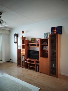 a living room with a book shelf and a entertainment center at Scandinavian taiteilijan 3h huoneisto in Lahti