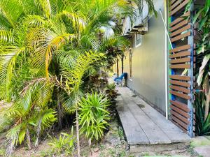 ジュム島にあるKoh Jum Bungalow & Hostelのヤシの木と木道のある家