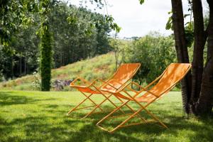 deux chaises oranges assises dans l'herbe à côté d'un arbre dans l'établissement Le ruset, à Saint-Donan