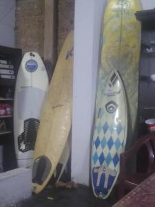 Drei Surfbretter lehnen sich an eine Wand. in der Unterkunft Casa de mamá María in Malabrigo