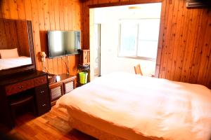 埔里鎮的住宿－佳園渡假山莊，一间卧室设有一张床、一台电视和一个窗口。