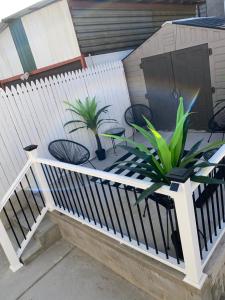 a balcony with two plants and a fence at Hugh's and Nora's Place to stay in Brooklyn