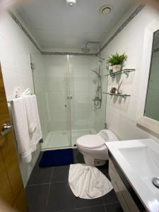 a bathroom with a shower and a toilet and a sink at Majestuoso Apto. en el Complejo Marbella, Juan Dolio in Juan Pedro