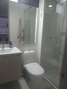 een badkamer met een douche, een toilet en een wastafel bij Apartamento cómodo con todo lo que necesitas y con piscina in Ricaurte