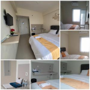 un collage de fotos de una habitación de hotel con 2 camas en BR Room at Apartemen Bogorienze Resort, en Pamoyanan