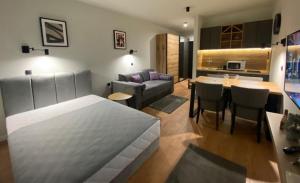 a living room with a bed and a dining room at Kopaonik Apart Bela Reka Brzece in Brzeće