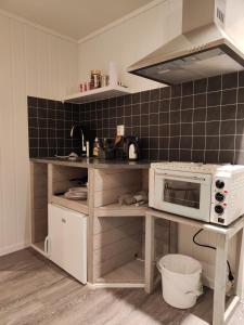 a kitchen with a counter with a microwave at Apartament 1 Havoysund in Havøysund