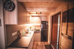 a small kitchen with a refrigerator and a sink at Wellness & Spa Hotel Čertov in Čertov