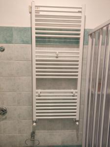 y baño con ducha y puerta de metal. en Appartamento c&y Monte san Gabriele, en Novara