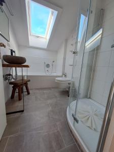 a bathroom with a shower and a sink and a toilet at Ferienwohnung Erika in Oberstdorf