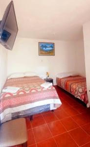 a bedroom with two beds and a flat screen tv at Hotel Maya America in Panajachel