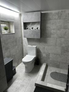 ein Bad mit einem WC und einer Fliesenwand in der Unterkunft Paradise in Tastybulak