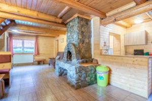 - un salon avec une cheminée en pierre dans une cabine dans l'établissement Resort 7 Crai - Cabana Baciu, à Zărneşti