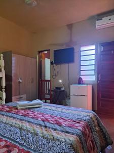 a bedroom with a bed and a tv and a refrigerator at Hummingbird Hostel in Ciudad del Este