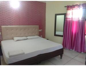 a bedroom with a bed with a pink curtain and a mirror at Hotel Sun Park, Chandigarh in Chandīgarh