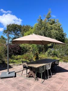 een picknicktafel met een parasol en stoelen bij Cosy Vacation home with large fenced garden in Bruinisse