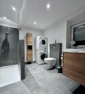 a bathroom with a toilet and a washing machine at Haus Korjässer in Löf