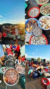 a collage of photos of a group of people eating seafood at Pi house homestay in Xóm Ðé