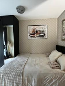 セルビアディヴツィバレにあるApartman Aspen Divcibareのベッドと壁に絵が飾られた寝室