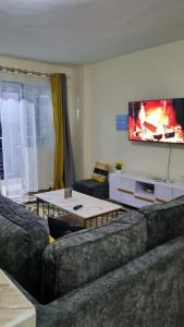 a living room with two couches and a tv at Elegant One Bedroom Garden Estate in Nairobi