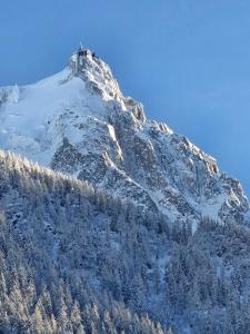 una montaña cubierta de nieve con una casa encima en Appartement Cosy, Vue Mont Blanc, Plein Centre, en Chamonix-Mont-Blanc